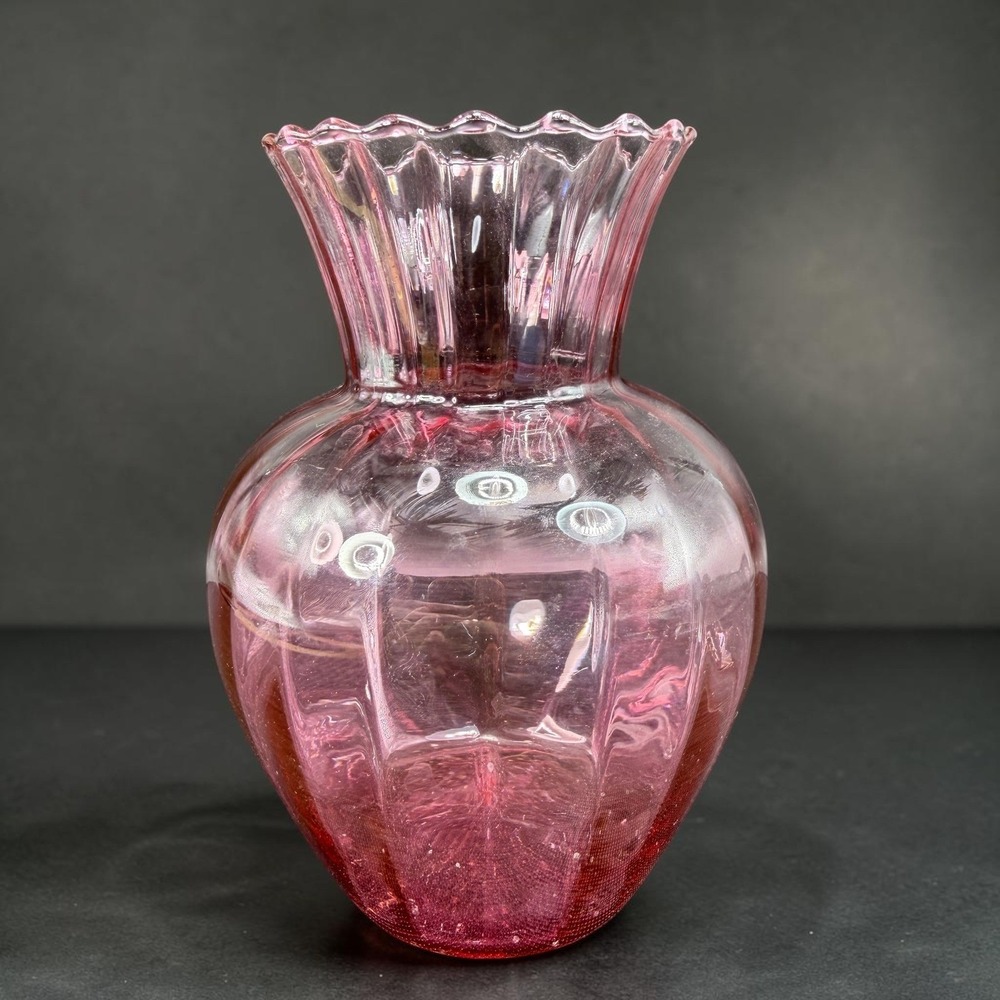 Vintage Pilgrim Glass Cranberry Pink Hand Blown Glass Vase Optic Rib Ruffled Rim